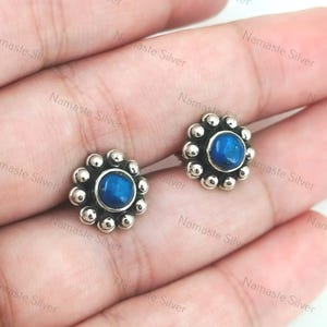 Lapis Lazuli Stud Earrings, 925 Sterling Silver Stud Posts, Natural Blue Round Gemstone Handmade Jewelry, September Birthstone, Gift For Her