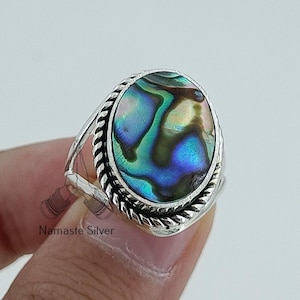 Abalone Shell Ring, 925 Sterling Silver Statement Promise Ring, Natural Blue Paua Shell Oval Handmade Boho Jewelry, Colorful Gift for Her