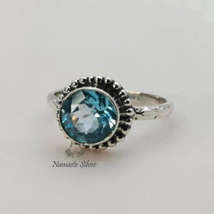 Blue Topaz Ring, 925 Sterling Silver Promise Ring, Natural Blue Topaz Round Gemstone Handmade Jewelry, December Birthstone, Gift for Her