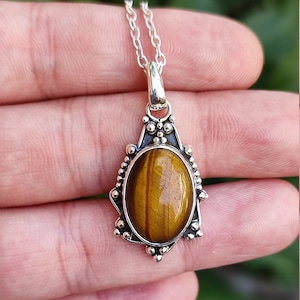 Tigers Eye Necklace, 925 Sterling Silver Pendant Chain, Natural Tiger&#39;s Eye Oval Gemstone Handmade Jewelry, Unique Birthstone Gift for Her