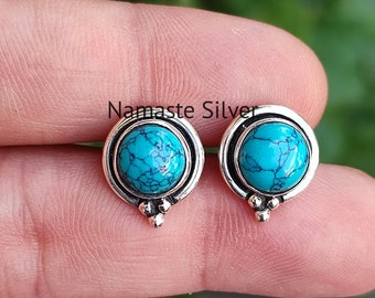 Puces d'oreilles en pierre turquoise | Poteau fait main en argent sterling 925 | Pierre de naissance de décembre, bijoux en pierres précieuses rondes bleues | Cadeau pour elle