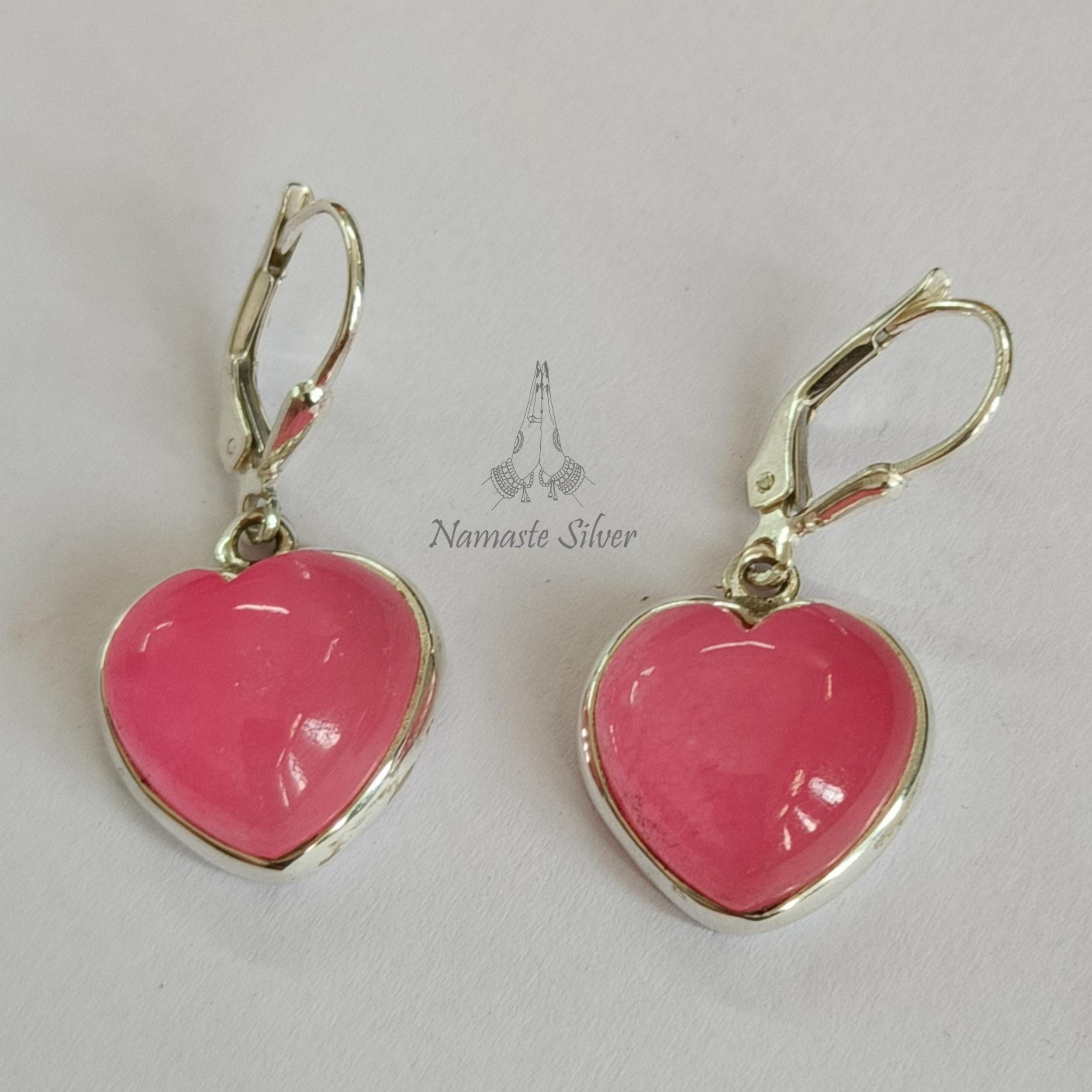 ピンク翡翠のハート型イヤリング、925スターリングシルバー製ダングル、ハンドメイドジュエリー - Etsy 日本