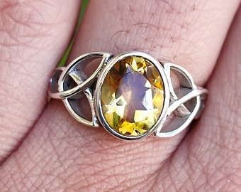 Bague en argent avec noeud celtique ovale citrine en argent sterling 925 avec noeud celtique fait main, bague bohème avec pierres précieuses, cadeau unique pour elle