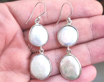 Coin Pearl Earrings, 925 Sterling Silver Handmade Dangle Earrings, Genuine Freshwater Coin Pearl Jewelry, Gift for her Birthday Anniversary