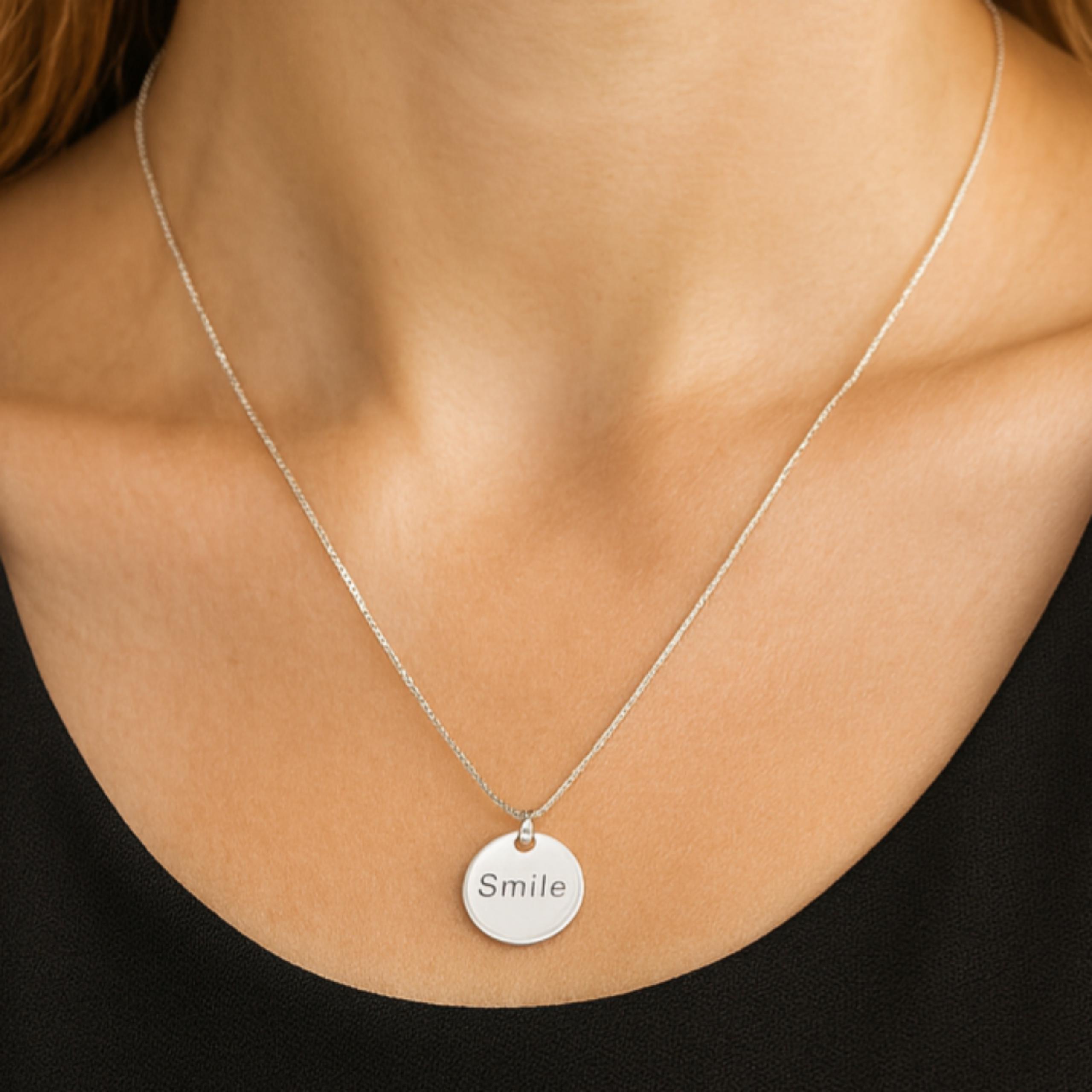 Smile Pendant Necklace, 925 Sterling Silver Engraved Positive