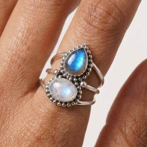 Rainbow Moonstone Labradorite Ring, Sterling Silver Dual Gemstone Ring