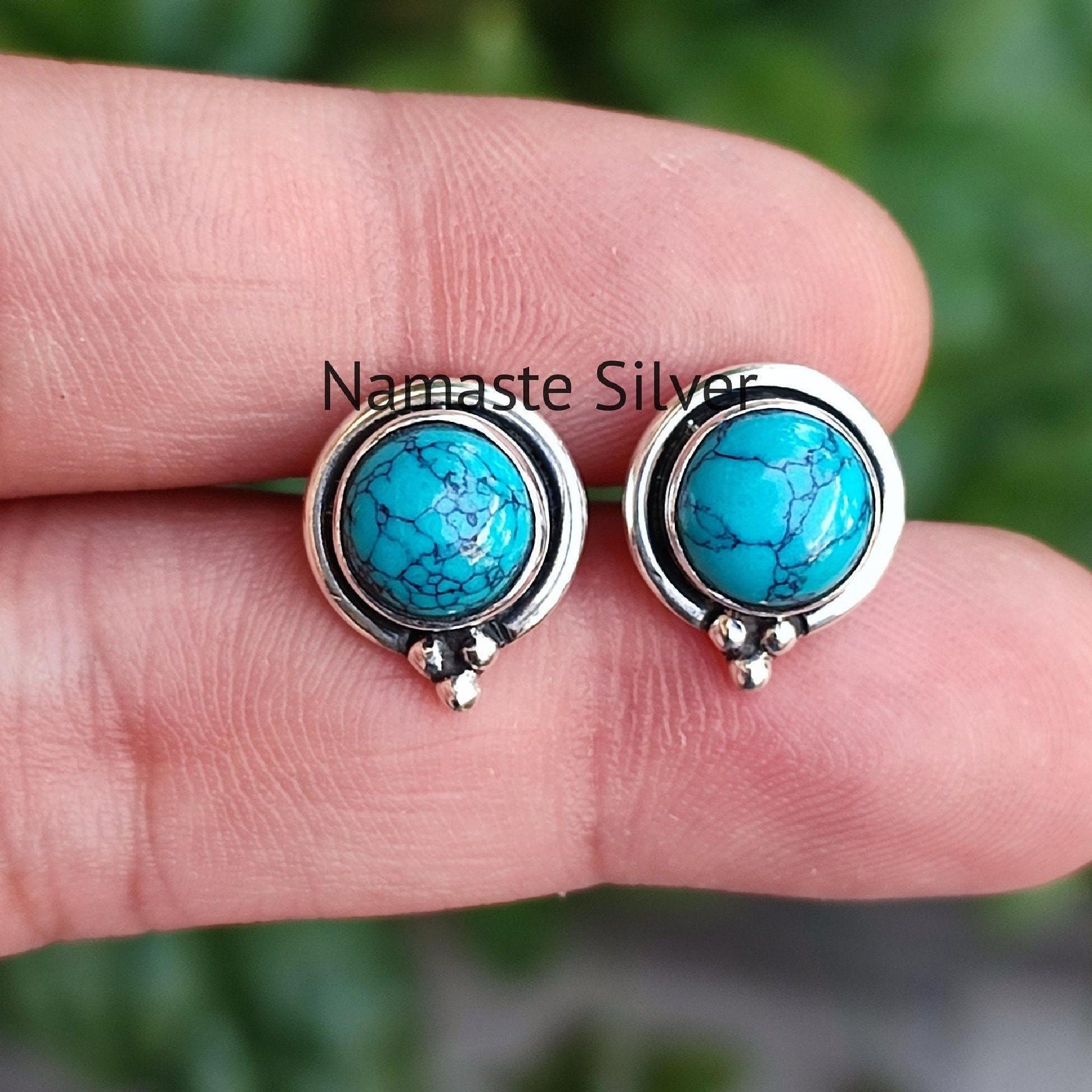 ターコイズスタッドピアス 925スターリングシルバー ハンドメイド 