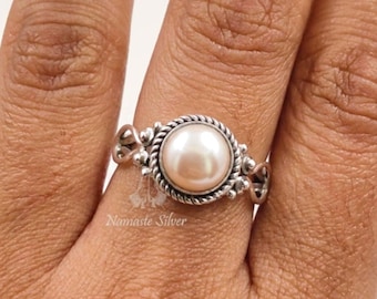 Peach Freshwater Pearl Ring, June Birthstone Style, 925 Sterling Silver Promise Jewelry