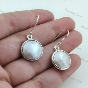 Coin Pearl Earrings, Sterling Silver Handmade Dangle Drop Jewelry Gift