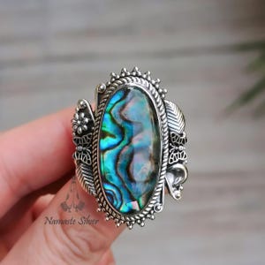 Abalone Shell Ring, Sterling Silver Oval Paua Shell, Handmade Jewelry