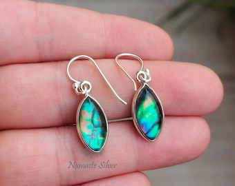 Abalone Shell Earrings, 925 Sterling Silver Paua Shell Marquise Handmade Dangle Jewelry