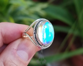 Aurora Quartz Ring, 925 Sterling Silver Promise Ring, Mercury Aurora Borealis Crystal Ring, Handmade Aurora Quartz Oval Ring, Gift For Her
