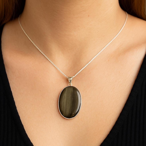 Gold Sheen Obsidian Pendant, 925 Sterling Silver Locket Necklace