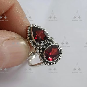 Anello con granato, anello con promessa fatto a mano in argento sterling 925, gioiello con doppia pietra preziosa in granato naturale, pietra portafortuna di gennaio, regalo per lei