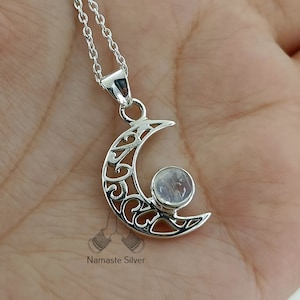 Moonstone Necklace, 925 Sterling Silver Crescent Moon Pendant, Natural Rainbow Moonstone Round Gemstone Handmade Boho Jewelry, Gift for Her