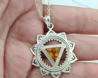 Solar Plexus Chakra Sterling Silver Pendant | Natural Citrine Gemstone Handmade Necklace | Manipura Chakra Meditation Healing Jewelry Gift