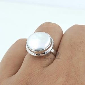 Handmade Sterling Silver Coin Pearl Ring: Boho Promise Jewelry