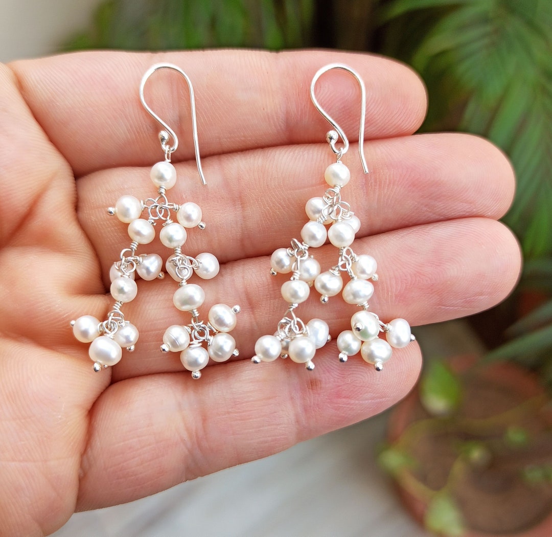 Pearl Earrings, 925 Sterling Silver Dangle Drop Earrings