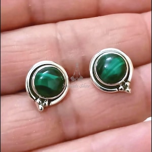 Malachite Stud Earrings, 925 Sterling Silver Ear Post, Natural Malachite Round Gemstone Handmade Boho Jewelry, Unique Gift for Mother&#39;s Day