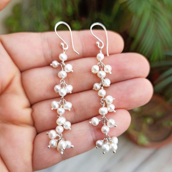 Pearl Earrings, 925 Sterling Silver Dangle Drop Earrings
