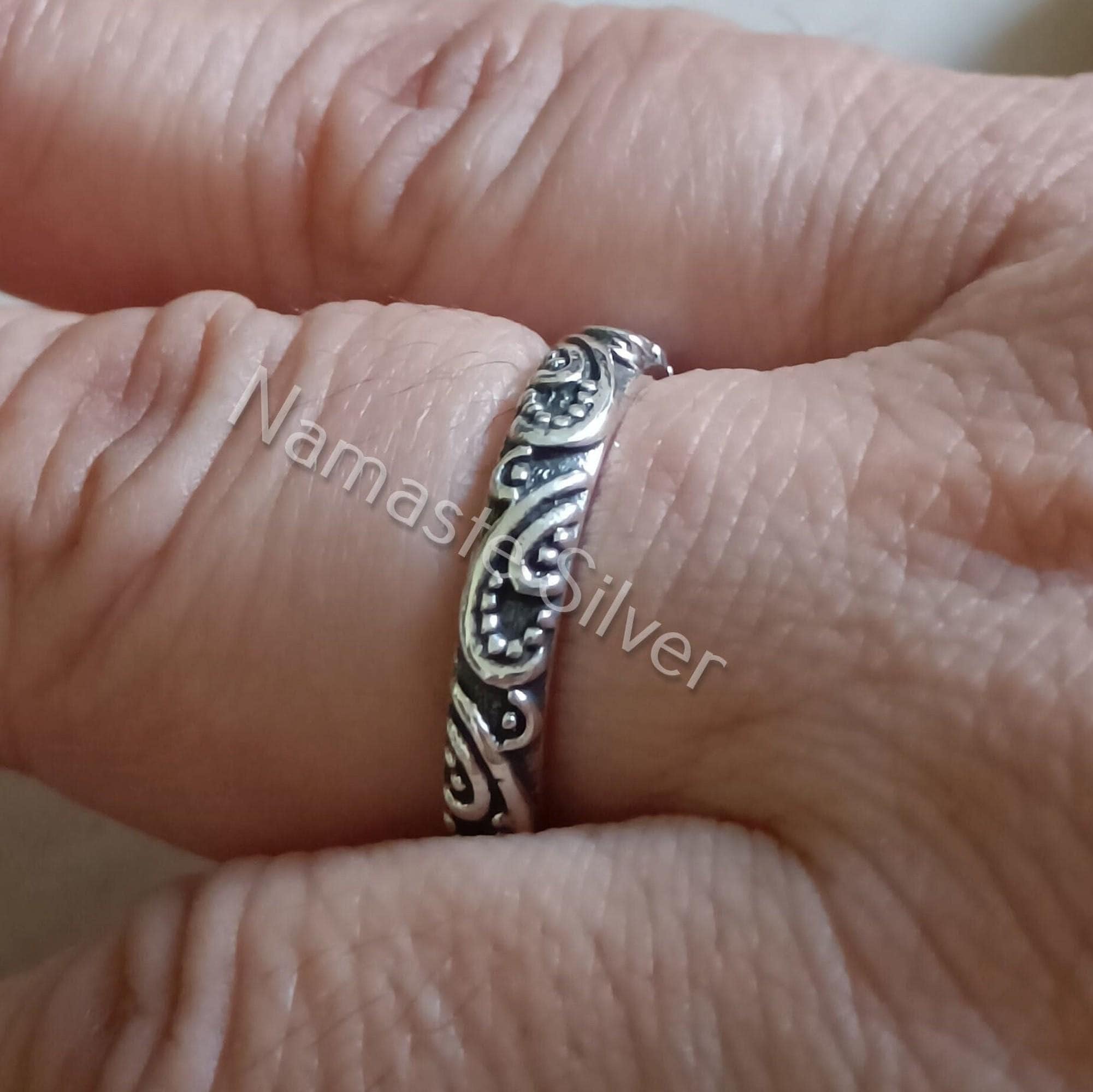 Silverly Sterling Silver Russian Wedding Ring – 5-Band Engraved Flower Design, 4mm Wide, 925 Silver - View #3