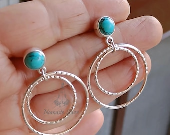Turquoise Earrings, 925 Sterling Silver Double Hoop Dangle