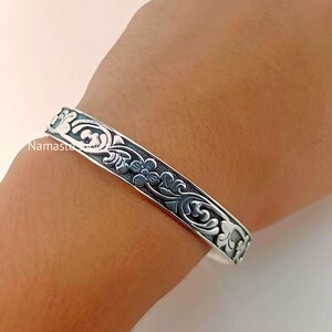 Handmade Floral Sterling Silver Cuff Bracelet, Adjustable Bangle