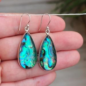 Abalone Shell Dangle Earrings: 925 Sterling Silver Pear Doublet Handmade