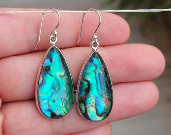 Pendientes Colgantes De Plata 925 Con Concha De Abulón – Forma Lágrima, Cambian De Color, Hipoalergénicos