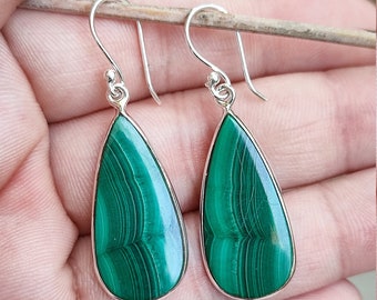 Malachite Earrings, 925 Sterling Silver Dangle Drop Earrings, Natural Green Gemstone Pear Shape Handmade Boho Jewelry, Elegant Gift for Her