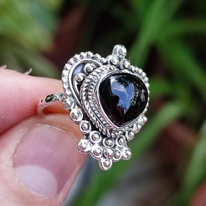 Black Onyx Ring, 925 Sterling Silver Statement Ring, Natural Black Onyx Heart Shape Gemstone Handmade Jewelry, July Birthstone, Gift For Her