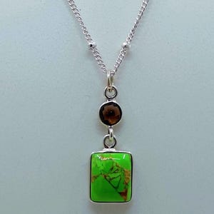Green Copper Turquoise, Smoky Quartz Sterling Silver Handmade Necklace Dual Gemstone Pendant Chain Locket Gift for her Birthday Anniversary