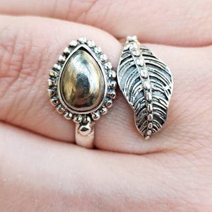 Anillo de pirita, anillo de oro de los locos de plata de ley 925, anillo de promesa ajustable con forma de hoja, joyería hecha a mano con pirita natural en forma de pera, regalo para ella