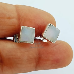 Moonstone Stud Earrings, 925 Sterling Silver Handmade Ear Post, Natural Rainbow Moonstone Jewelry, June Birthstone, Raw Crystal Stud Post