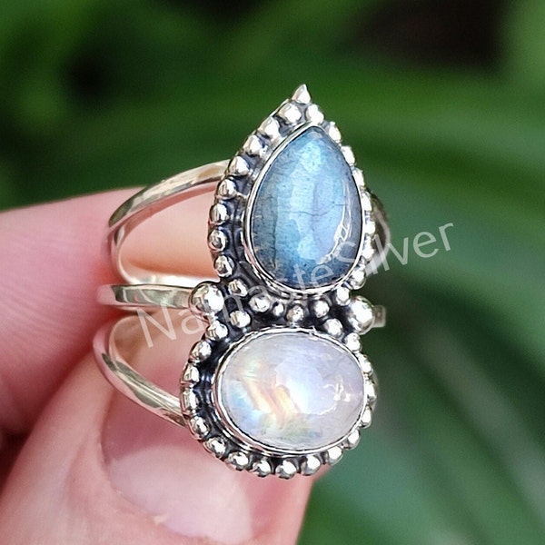 Rainbow Moonstone, Labradorite Silver Ring Handmade Statement Dual Gemstone Boho Jewelry Gift for Her Birthday Anniversary Christmas Wedding