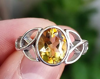 Natural Citrine Ring, Sterling Silver Oval Handmade Celtic Knot Jewelry