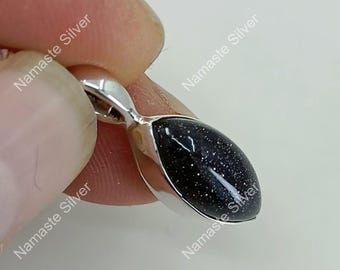 Blue Goldstone Pendant, Marquise 925 Sterling Silver Boho Jewelry