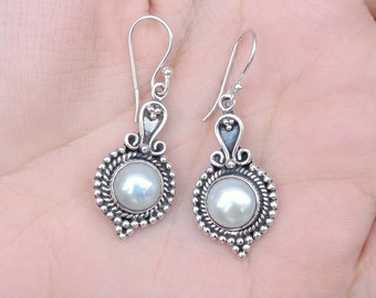 Pearl Silver Earrings, Pearl Dangle Earrings, Freshwater Pearl Sterling Silver Handmade Dangle Earrings, Bridal Earrings, Gift for Her