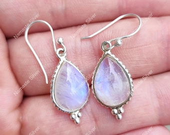 Rainbow Moonstone Earrings, 925 Sterling Silver Handmade Dangle Earrings, Natural Gemstone Pear Shape Jewelry, June Birthstone, Gift for Her