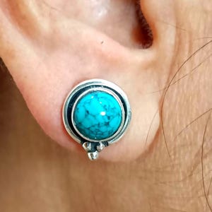Turquoise Earrings, Sterling Silver Stud Posts, December Birthstone, Natural Turquoise Round Gemstone Handmade Boho Jewelry, Gift For Her