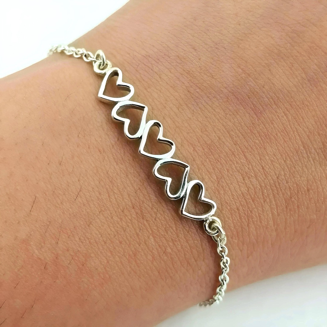 Sterling Silver Heart Bracelet, Dainty Adjustable Chain, Romantic