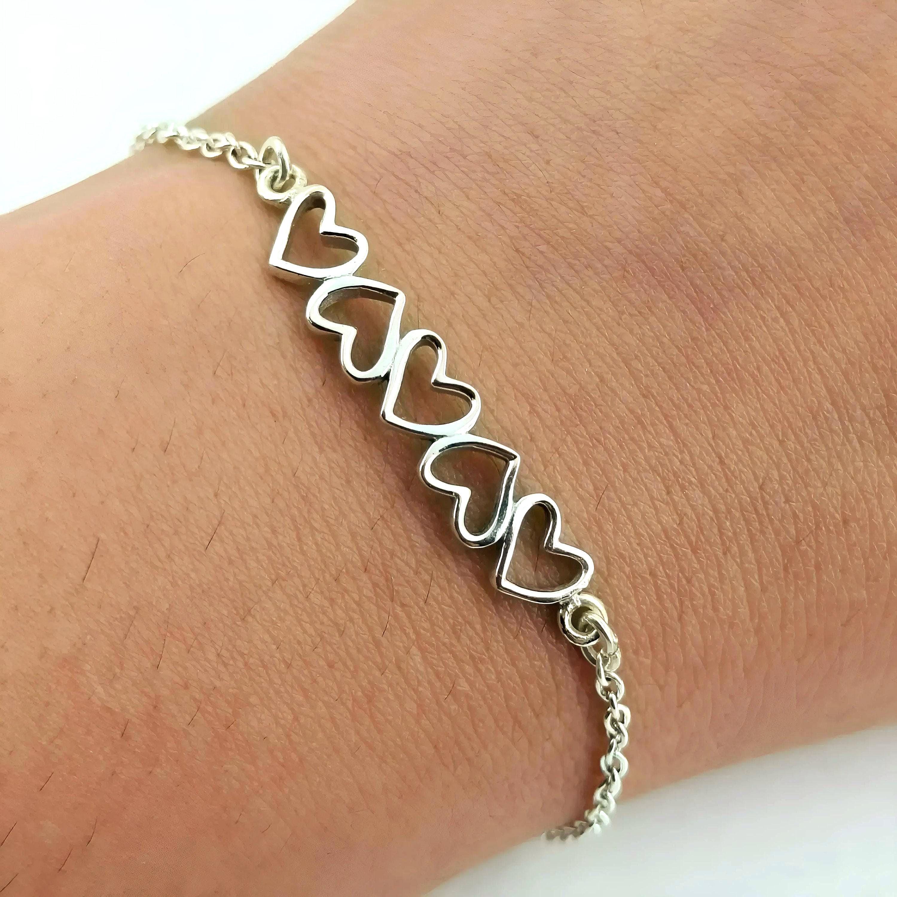 Sterling Silver Heart Bracelet, Dainty Adjustable Chain, Romantic
