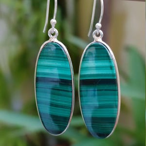 Malachite Earrings, 925 Sterling Silver Dangle Drop Earrings, Natural Green Malachite Oval Handmade Gemstone Jewelry, Elegant Gift for Her