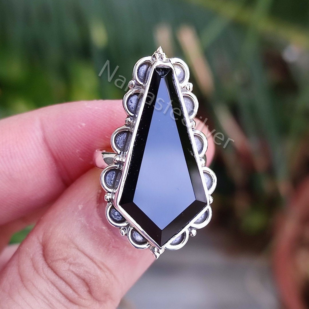 DHRUVANSH CREATIONS Snowflake Obsidian Coffin Silver Ring – Sterling Silver 925 Handmade Gemstone Ring