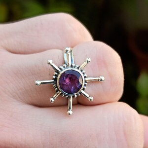 Amethyst Ring, 925 Sterling Silver Promise Sun Ring, Handmade Natural Purple Round Gemstone Boho Jewelry, February Birthstone, Gift for Her