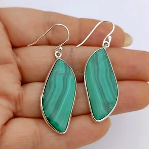 Malachite Earrings, 925 Sterling Silver Dangle Drop Earrings, Natural Malachite Leaf Shape Gemstone Handmade Jewelry, Unique Gift for Her