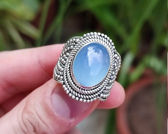 Natural Chalcedony Oval Stone Silver Ring | 925 Sterling Silver Statement Ring | Gemstone Handmade Jewelry | May Birthstone Gift for Her