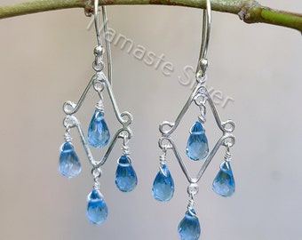 Boucles d'oreilles pendantes faites main en argent sterling avec topaze bleue en forme de larme, Boucles d'oreilles en argent avec topaze bleue, Boucles d'oreilles minimalistes, Cadeau pour elle