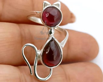Handmade Sterling Silver Garnet Cat Ring, January Birthstone