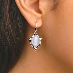 Moonstone Earrings, Sterling Silver Handmade Dangle Earrings, Natural White Moonstone Oval Gemstone Jewelry, June Birthstone, Gift for Her